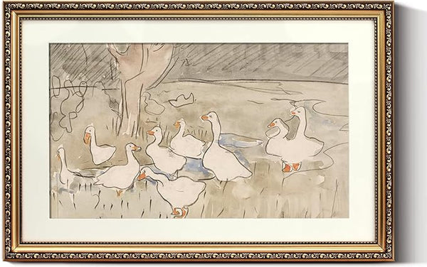 ARPEOTCY Vintage Gold Framed Large Wall Art, Farmhouse Nursery Duck Paintings, Canvas Prints with Antique Picture Frame, Cute Duck Illustration Victorian Wall Decor for Living Room 16x24 inch