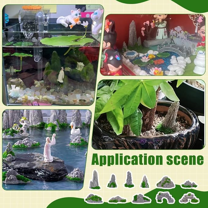 FINGERINSPIRE 12PCS Small Rockery Ornament 12 Style Resin Mini Rockery Decoration Mini Zen Garden Accessories Miniature Mountain for Bonsai Aquarium and Tabletop Display