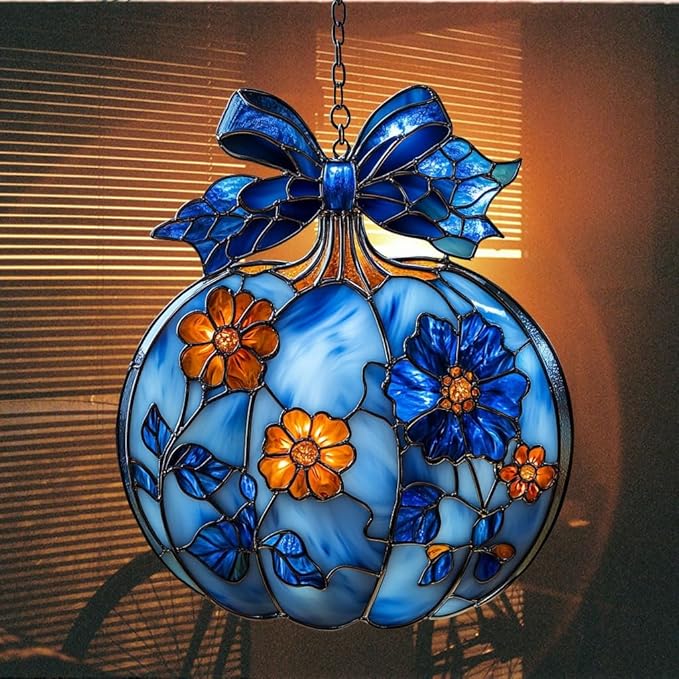 Blue Floral Pumpkin Acrylic Suncatcher Stained Glass Effect Window Car Hanging Christmas Ornament Indoor Outdoor Decor Garden Sun Catcher Panel for Halloween Lover for Women Mom Grandma