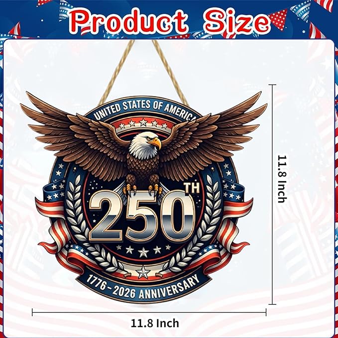 USA 250th Anniversary Double-Layer Wooden Sign Large Reusable USA 250th Bald Eagle American Flag Stars Stripes 1776-2026 250th Anniversary Rustic Wood Twine Hanging Door Wall Patriotic Decor 1 Pcs