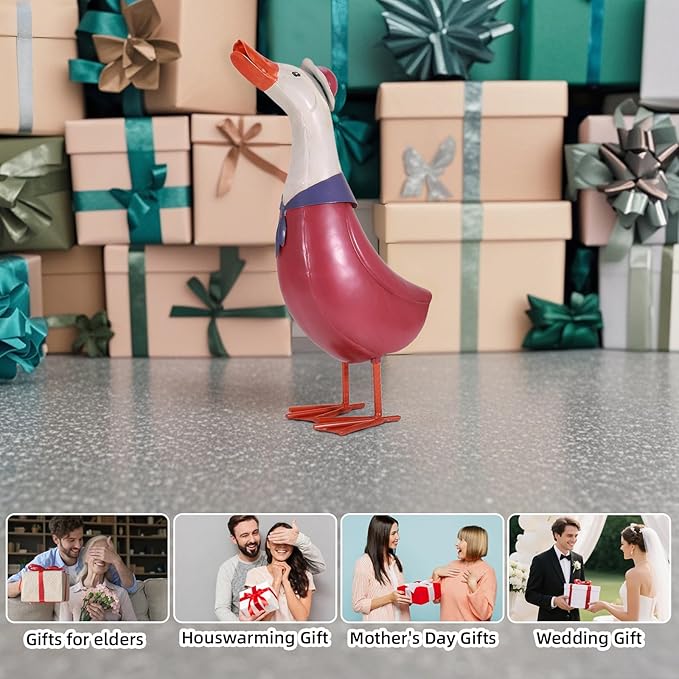 14" Retro Metal Porch Goose Statue for Yard and Garden,Heavy Duty Iron Pink Garden Statues for Outside Duck Decor,Cartoon Yard Statues Outdoor Goose Decor as Duck Gifts Easy to Assemble