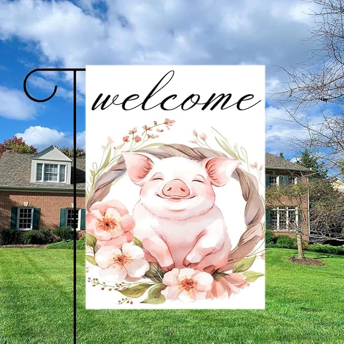 Gkyygk Welcome Garden Flag Pig Pink Flowers 12x18 Inch Banners Vertical Double Sided Small Yard Flag Burlap Farmhouse Outdoor Lawn Patio Decor