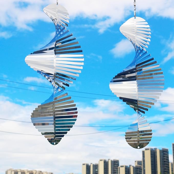 Hanging Wind Spinners,3D Spiral Highly Reflective Stainless Steel Metal Wind Spinner Outdoor Garden Decor,Bird Devices Deterrent to Scare Away Yard Birds12in 2Pcs