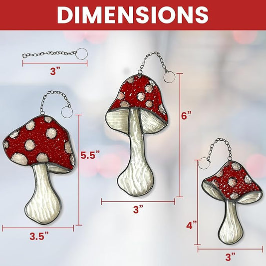 Mushroom Stained Glass Suncatcher Set – 3 Fly Agaric Hand-Painted Toadstool & Moon Window Ornaments – Boho Nature Window Décor for Home, Plant, and Mushroom Lovers