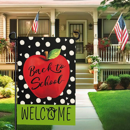 Welcome Back to School Garden Flags Apple Alarm Clock Yard Flags First Day of School Supplies Garden Flag Double Sided 12x18 Inch for Outdoor Yard Decoration