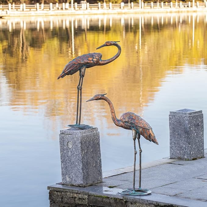 Metal Crane Garden Statues for Outdoor, Stainless Steel Antique Patina Standing Blue Heron Decoy, Large Sandhill Cranes Sculptures for Yard and Garden, Bird Yard Art for Patio Lawn Backyard Pond