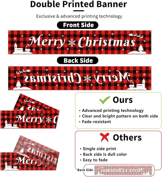 Probsin Large Merry Christmas Banner 120" x 20" Double Printed Xmas Decoration Red Buffalo Plaid Hanging Huge Sign Holiday Party Supplies Home Decor for Outdoor,Indoor,Yard,Garden,Porch,Lawn