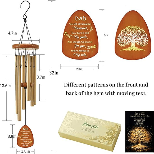 Dad Memorial Sympathy Wind Chimes for Outside, Dragonfly Wind Chimes for Loss of Father for Bereavement/Condolence/Funerary Gift Idea,32inch Wooden,Brown