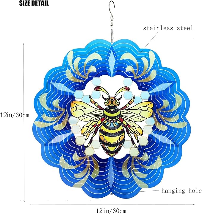 Wind Spinner, 3D Hanging Wind Spinner Ornament, Gifts for Women Mom Grandma, 12inch Metal Wind Kinetic Sculpture for Outdoor&Indoor Decor, Yard Art, Garden Decoration (Bee-Spinner)