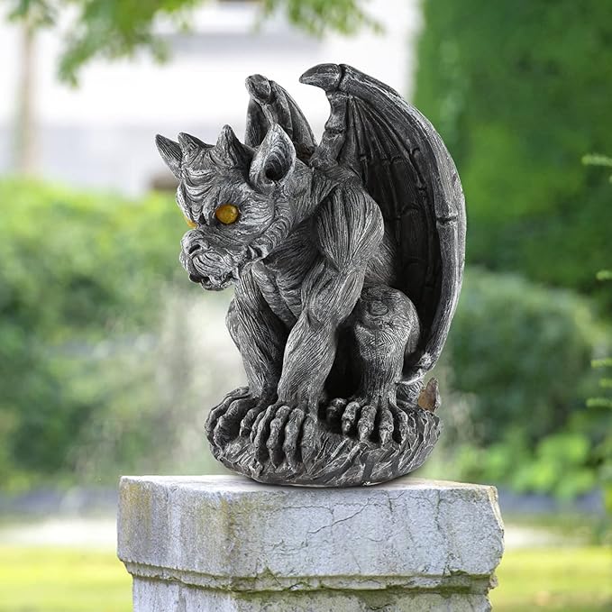 Large Winged Gargoyle Statue with Solar Lights Outdoor Decor, Sitting Gargoyle Monster Dragon Garden Guardian Gothic Creep Scary Sculpture, Patio Yard Lawn Decorations, Valentine's Day Gift