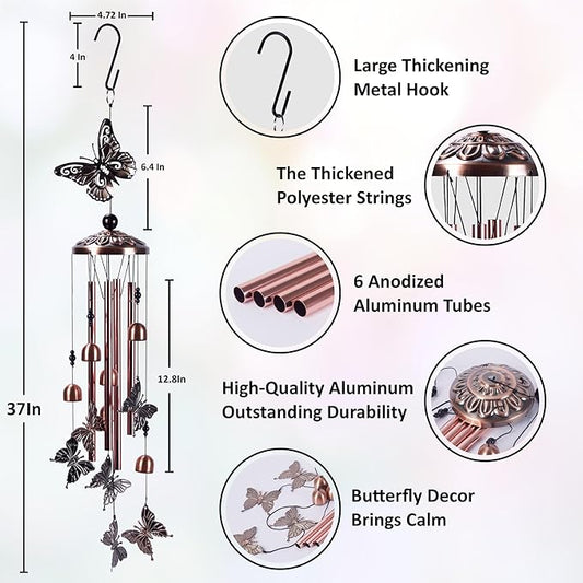 Wind Chimes for Outside – Memorial Wind Chimes 37" for Loss of Loved One with Butterfly Spinner, Bereavement & Sympathy Gift, Soothing Tones, Bronze Finish