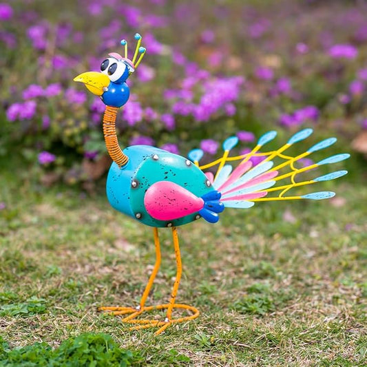 14'' Metal Peacock Garden Statues Outdoor Decor, Funny Peacock Decor Yard Sculptures Art Decoration for Patio Home Outsiede Lawn Backyard, Gift for Women Lovers Moms(Green & Red)