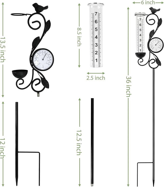 32" Garden Rain Gauge with Thermometer - 7" Glass Tube for Outdoor Indoor Use, Patio Yard Decor Statue