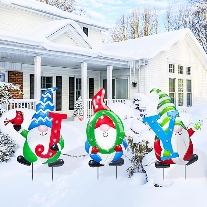 WONDER GARDEN Christmas Yard Stakes, 3 PCS Metal Yard Signs, Xmas Gnomes with Joy and Led Light Christmas Yard Decorations for Lawn Party Decorations