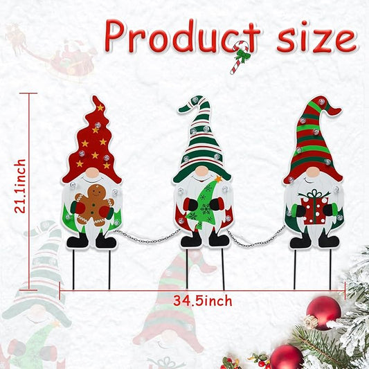 WONDER GARDEN 3 PCS Christmas Gnomes Yard Signs Christmas Decorations Outdoor, Metal Xmas Yard Stakes Gnomes Lawn Decor, Xmas Garden Stakes with Led Lights for Patio Pathway Outside Decorations