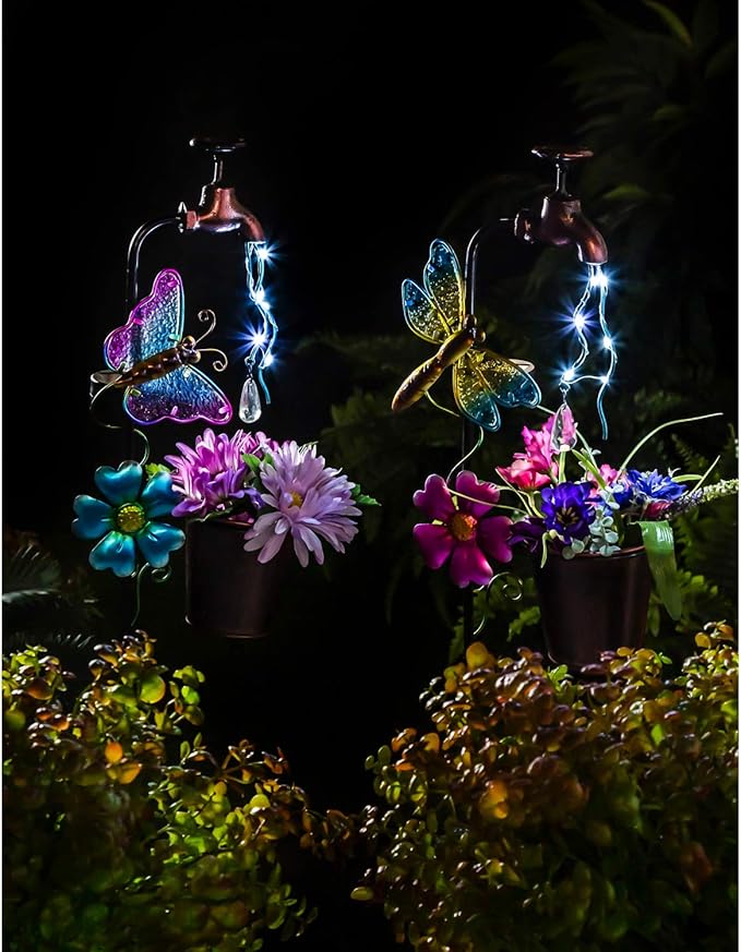 Evergreen Garden 36.25" H Twinkling Light Solar Garden Stake, Butterfly, Faucet Shaped Outdoor Décor for Your Lawn and Garden