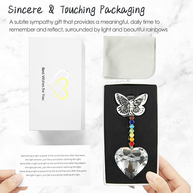 Merrynine Crystal Suncatcher, K9 Crystal Sun Catcher for Window Prism Ball, Unique Pendant Gift, Rainbow Maker with Butterfly Chain for Easy Hanging Indoor Outdoor Decoration (Butterfly Heart)