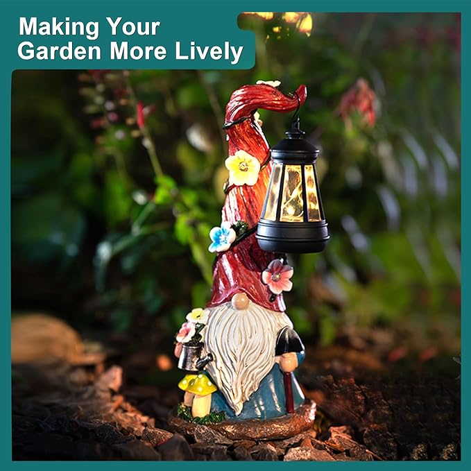 ZQQLITE Solar Gnome Garden Statue Lights Gnome Figurine with Solar Lantern, Outdoor Garden Waterproof Ornaments Decorations for Yard Lawn Patio – Ideal Gift for Women Mom Grandma
