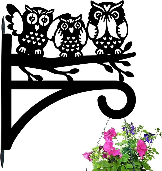 Owl Plant Hanger Bracket Iron Plant Brackets 10.6 x 11.8 Inch Black Leaf Animal Silhouette Indoor Outdoor Decorative Basket Wall Mounted Hanging Hooks for Flowers Pot Wind Chime Lantern