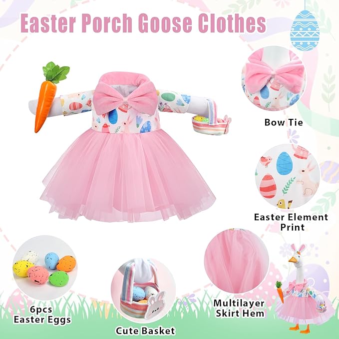 GJL Easter Porch Goose Outfits Fits 23" Cement Plastic Goose Statue Porch Goose Clothes with Hat, Basket, Carrot & 6 Easter Eggs for Easter Indoor or Outdoor Garden Decor