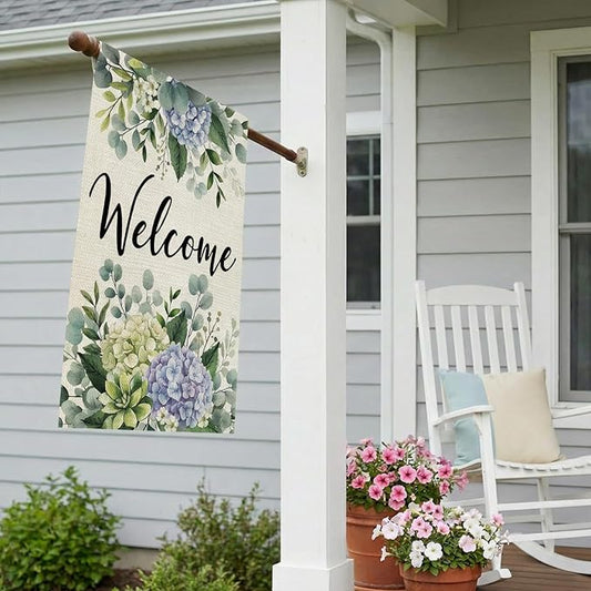 CROWNED BEAUTY Spring House Flag Hydrangea Eucalyptus Double Sided 28x40 Inches Large Burlap Welcome Holiday Seasonal Yard Decoration for Outside Porch