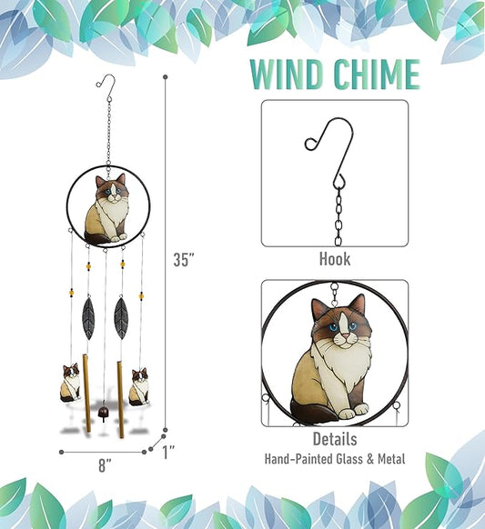 CoTa Global Ragdoll Cat Wind Chime - Handmade Metal and Glass Hanging Decor, Cream and Brown Cat Garden Ornament with Gold Tubes and Feather Accents, Indoor Outdoor or Yard Decoration - 35 Inches
