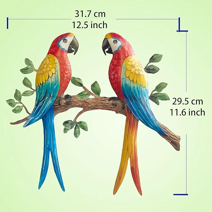 Limygus Metal Tropical Two Parrot Wall Art, Colorful Macaw Birds on Branch, Indoor Outdoor Garden Decor, Hand-Painted Hanging Decoration for Patio, Fence, Living Room, Bedroom, Balcony