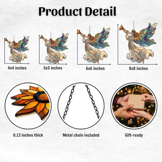 Whistle Angel Mosaic Style Tiffany Effect Acrylic Suncatcher Stained Glass Effect Window Car Hanging Christmas Ornament Indoor Outdoor Decor Garden Sun Catcher Panel for Women Mom Grandma