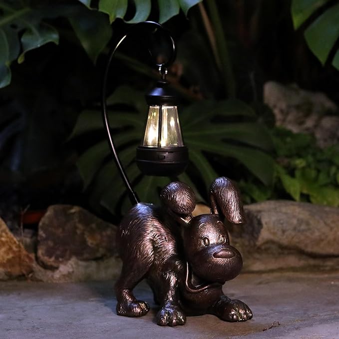 Laughing Dog Figurine with Solar-Powered LED Light 15.9 Inch Tall Antique Bronze, Perfect for Gift Garden Decor or Housewarming for Dog Lovers