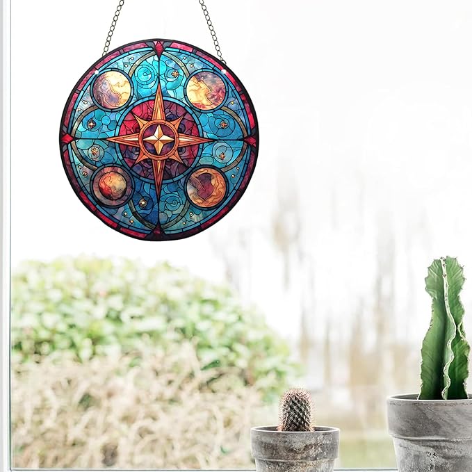 Acrylic Window Hanging,Compass Star Stained Window Hanging Decor Colorful Ornament,Stained Two-Sided Panel Hangings Decoration,Suncatcher for Garden Kitchen Living Room