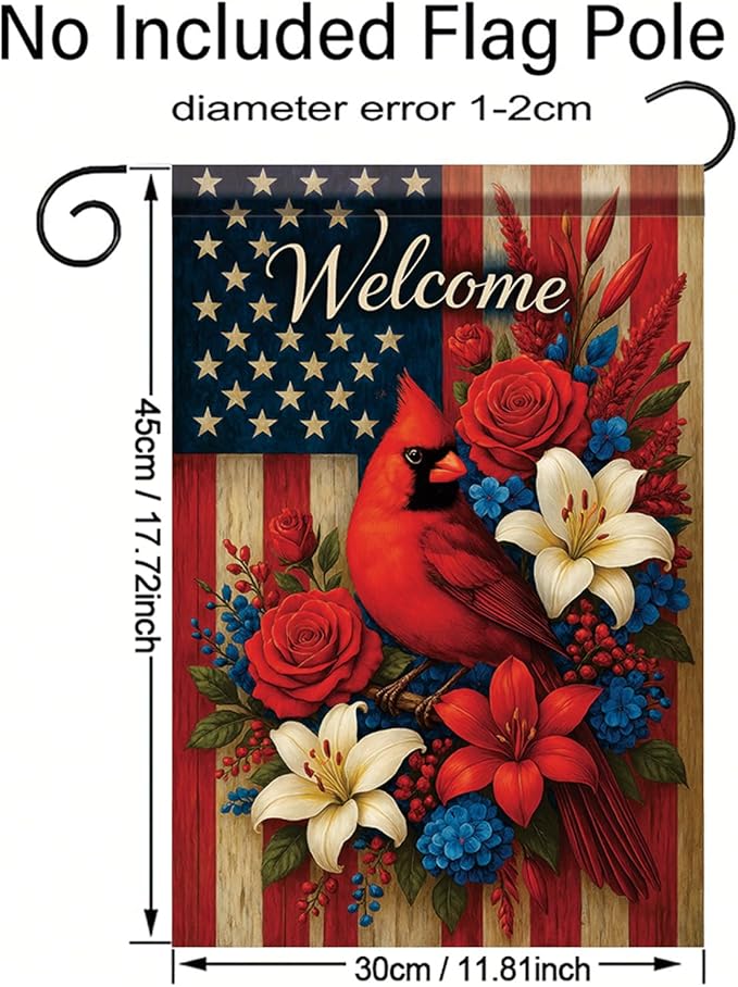 Spring Summer Garden Flag 12x18 Inch Patriotic Cardinal Welcome American Outdoor Floral Bird Design Outdoor Yard Porch Lawn for Seasonal Americana Farmhouse Home Decor