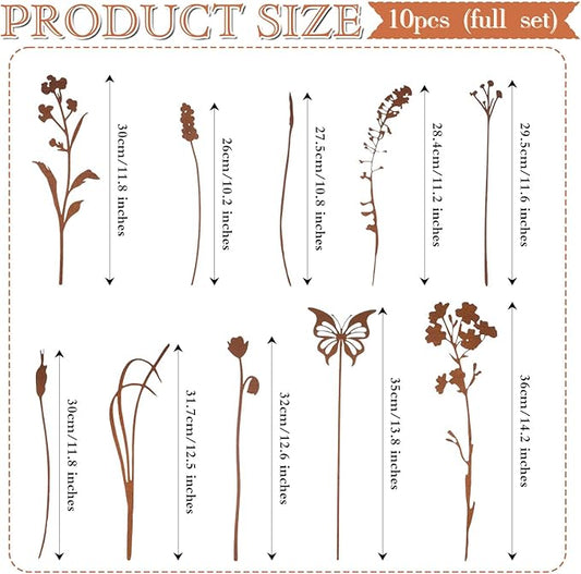 LEIFIDE 10 Pcs Metal Flowers Garden Stakes Rustic Bouquet Decoration for Pot Outdoor Metal Decor with Grass Flowers and Butterfly Iron Floral Plant Stakes for Yard Lawn Patio Porch Walkway