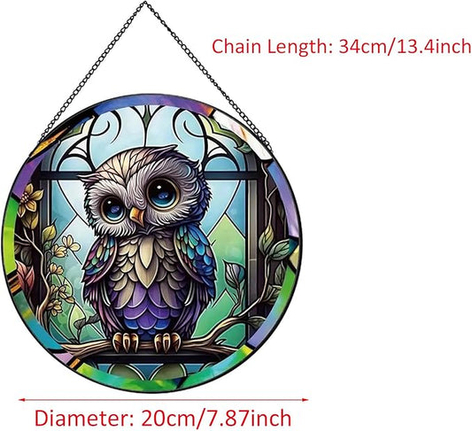 Baby Owl Suncatcher Stained Glass,Hanging Stained Glass for Windows for Animal Lovers,20cm/7.87inch Hand-Painted Sun Catcher Garden Hangings Ornaments Halloween Fall Christmas Decor for Home