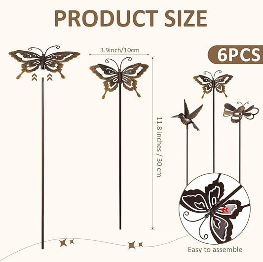 AceOrbit 6 Pcs Rusty Yard Stakes Spring Decor 11.8" Metal Butterfly Hummingbird Bee Stakes Rust Proof Plant Sticks Flowers Bed Decor for Farmhouse Outdoor Yard Lawn Patio Walkway Pathway (Insect)