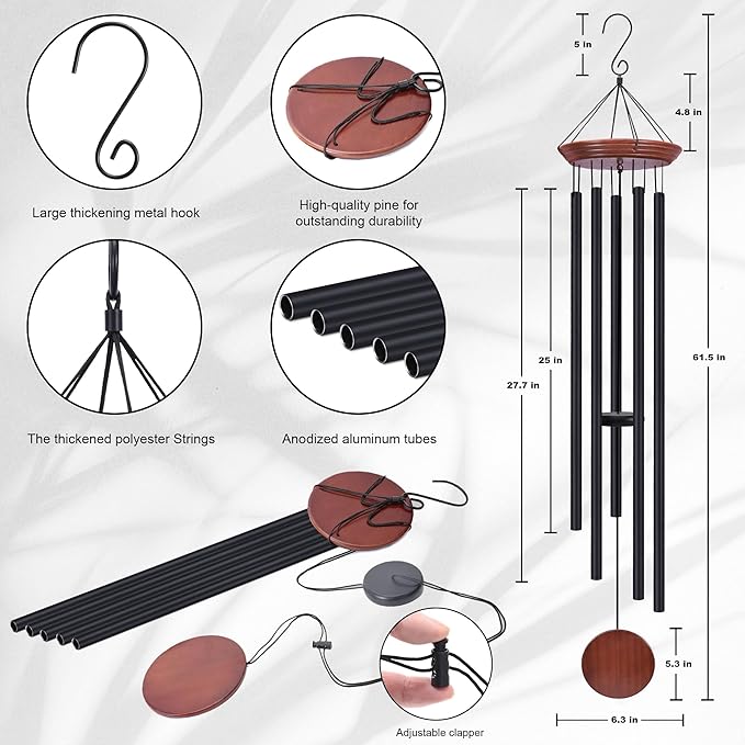 Toodour 60" Extra Large Memorial Wind Chimes for Outside, Deep Tone Wind Chimes with 6 Heavy Tubes, Unique Sympathy Wind Chime for Outdoor Garden Patio Yard Lawn - Black
