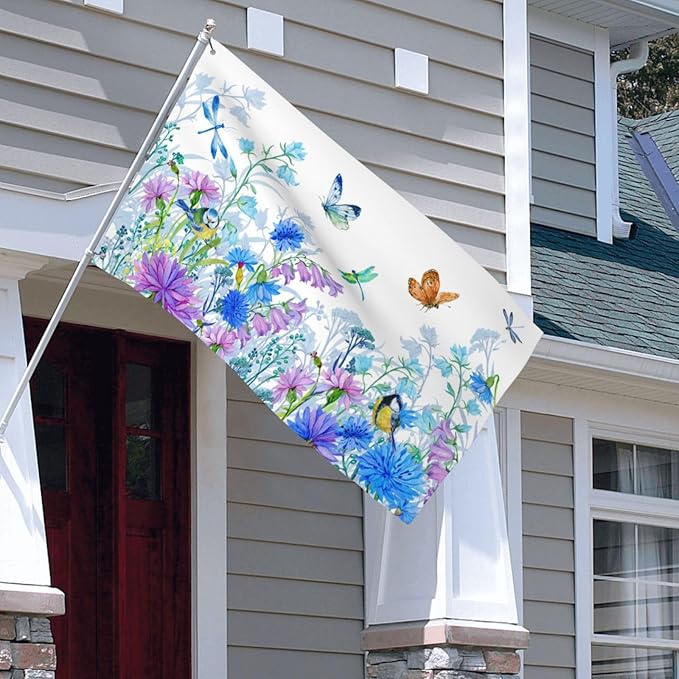 Blue Flower Butterfly Dragonfly Bird Flag 3x5 Ft Outdoor Indoor With Grommet Spring Summer Garden Yard Banner Decorative Sign