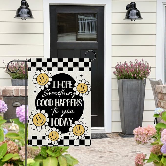 Dyrenson Inspirational Smiley Flower Decorative Garden Flag, I Hope Something Good Happens To You Today Yard Outside Home Decoration, Motivational Check Burlap Outdoor Small Decor Double Sided 12 x 18