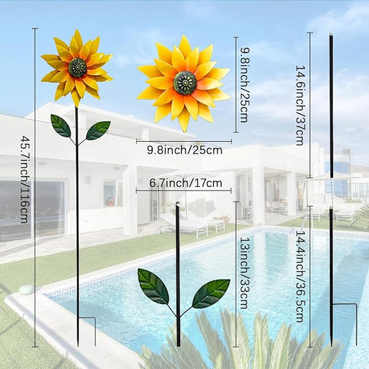 Sunflower Wind Spinner Outdoor, Metal Wind Sculptures with Stake, Outdoor Windmill Flower Pinwheels Decorations for Yard Garden Lawn Patio Decor 46 * 10 inchs