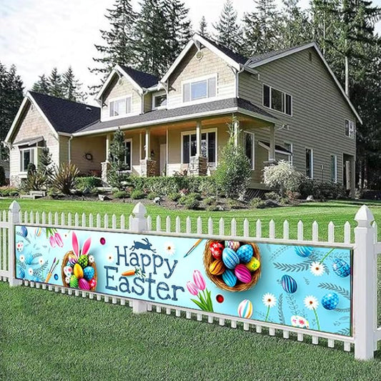 Happy Easter Banner 120" x 20" Outdoor Party Supplies Backdrop Bunny Eggs tulip Easter Banners for Home Decor Outside Indoor Garden Fence Garage Balcony Porch Tree Front Door Decorations