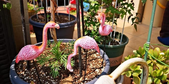 MUAMAX Miniature Flamingo Picks 2 Pack Fairy Garden Accessories Pink Miniature Garden Flamingo Figurines Decorative Plant Stakes for Pots Ornaments