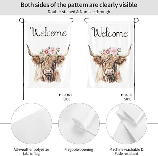 Welcome Pink Floral Highland Cow Garden Flags 12×18 Inch Double Sided Decorative Yard Banner Seasonal Flag for Outdoor Outside Decor