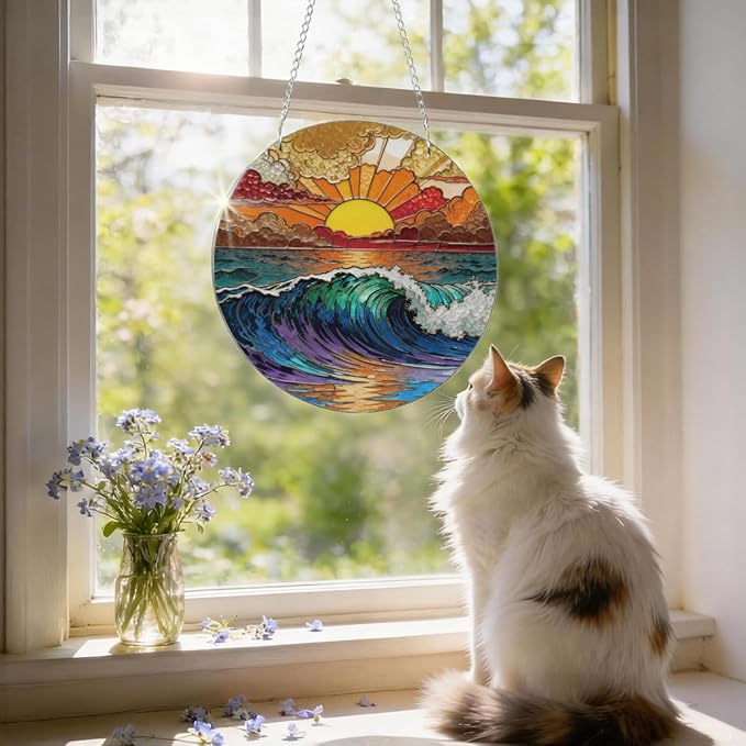 Ocean Waves Suncatcher for Windows Hanging, Coastal Sunset Sunshine Sun Catchers Indoor Window Door Decoration, Round Wall Hanging Decor, Beach House Decor, Home Decors, Housewarming Gift