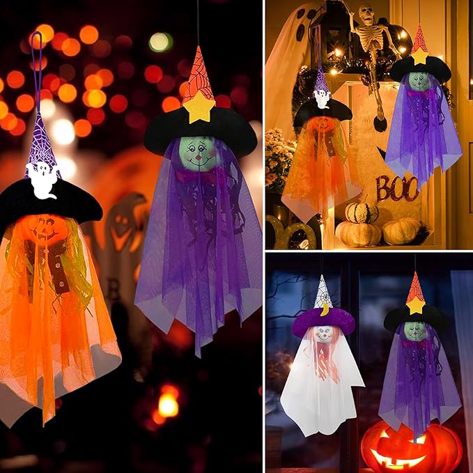 Halloween Hanging Ghost Decorations Outdoor, Pumpkin Witch Halloween Tree Ornaments, Cute Flying Ghost Straw Windsock Pendant Home Indoor Decor Yard Patio Lawn Garden Outside Kids Party Supplies 3PCS