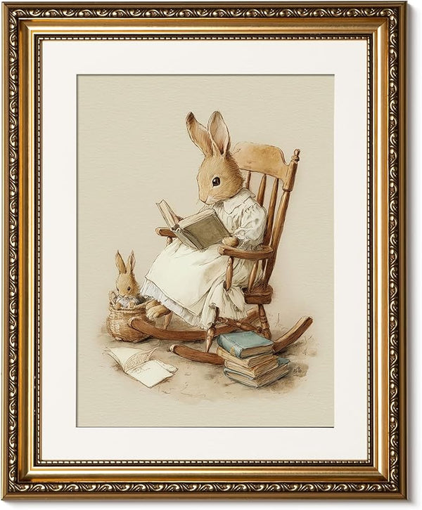 ARPEOTCY Vintage Gold Framed Wall Art, Easter Rabbit Reading Paintings, Canvas Prints Artwork with Antique Frame, Victorian Wall Picture Decor for Nursery Gallery Living Room, 13x16 inch