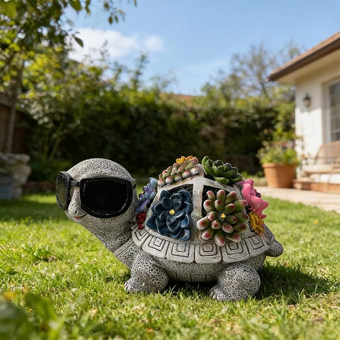 Solar Garden Outdoor Statues with Succulent and 7 LED Lights - Lawn Decor Tortoise Statue for Patio, Balcony, Yard Ornament - Unique Housewarming Gifts (Gray Turtle)