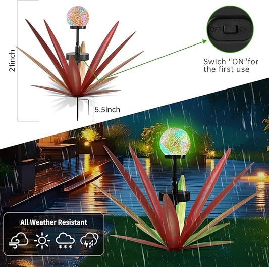 2Pack Tequila Rustic Sculpture Metal Yard Decor with Solar Mosaic Light, 21Inches Height Hand Painted Metal Agave Garden Statue Red