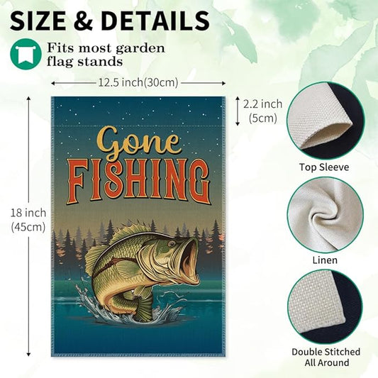 Gone Fishing Garden Flags, 12x18 in Double Sided Farmhouse Outdoor Lawn Decor Yard Flag Gifts, Lake House D閏or, Bass Fishing Banner for Fisherman, Angler Home Flag Gifts for Fisher