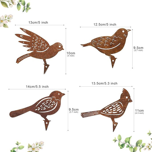 GWHOLE 4Pcs Rusty Metal Birds, Outdoor Decor Garden Bird Statue Metal Yard Art Ornaments for Garden Patio Bird Decoration