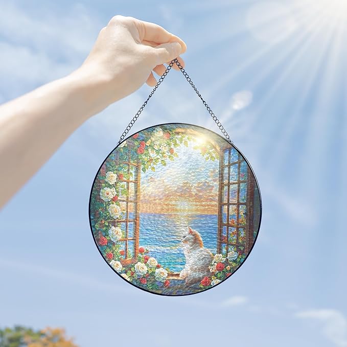 FLAGWIX Cat Gifts for Women - Stained Glass Window Hanging 10 in - Cat Lady Gifts for Women Mom Grandma Pet Lovers, Suncatchers for Windows Hanging Coastal Decor, Suncatcher Decorations for Home
