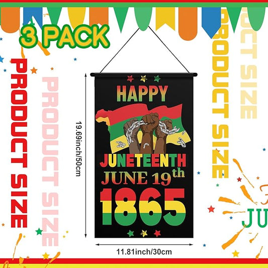 Tegeme 3 Pcs Happy Juneteenth Day Door Sign Flag African American Independence Day Door Hanging Banner Juneteenth Wall Decoration for Party Holiday Home Outdoor Indoor Decoration